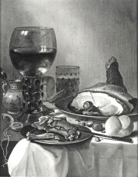 A. C. Cooper — Claesz. Pieter - sec. XVII - Natura morta con prosciutto, pane, calici e orologio — insieme